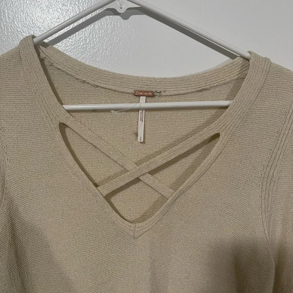 Free People small crisscross tunic sweater top cream side slits linen